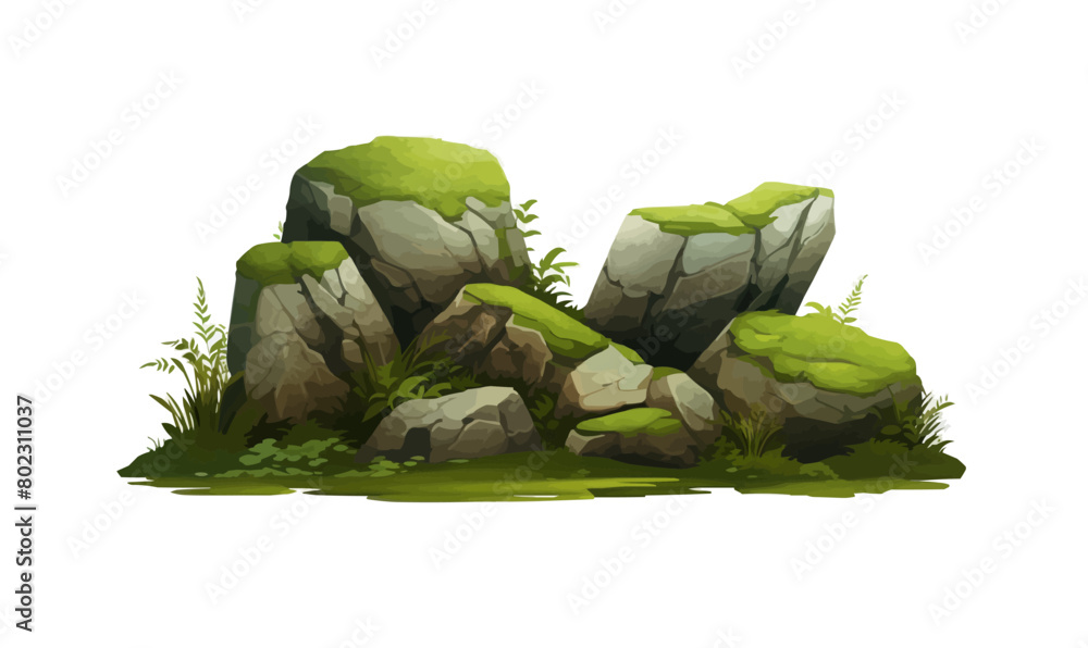 Poster rocks with moss 3d game asset isolated vector style with transparent background illustratio