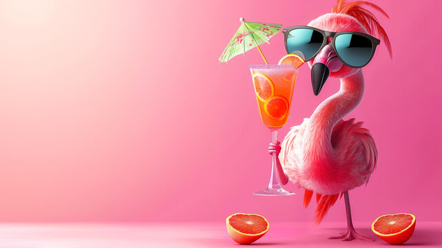 Funny Pink Flamingo in Sunglasses Drinking  Summer Cocktail With Tropical Exotic Background