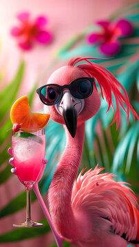 Funny Pink Flamingo in Sunglasses Drinking  Summer Cocktail With Tropical Exotic Background