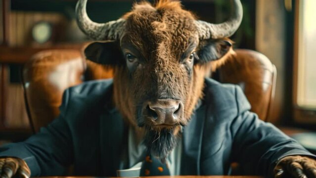 A businessman with a bull's head and a sharp business suit sits confidently at the executive desk in a luxurious office. A buffalo in a stylish CEO outfit sits in the executive office.