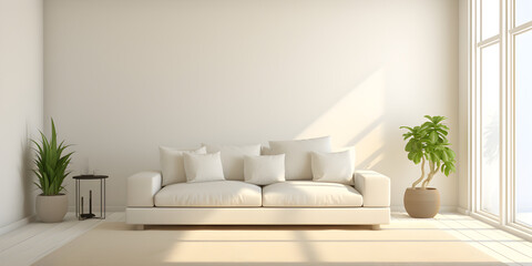 a white sofa in a modern room with vase elegant and stylish on a white wall background