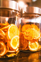 Dried Lemons in a jar on a bartop in a Restaurant
