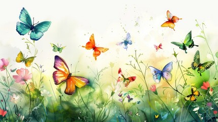 Delicate watercolor illustration of multicolored butterflies fluttering over a lush spring meadow during their migration,