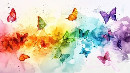 Bright and airy watercolor depiction of a spring butterfly migration, showcasing a spectrum of colorful wings against a pastel backdrop,