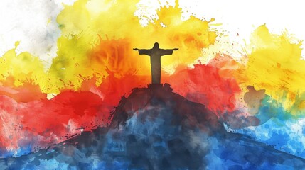 Obraz premium Minimalist watercolor silhouette of Jesus Christ on a high mount, the scene rendered in bold, abstract colors symbolizing divinity,