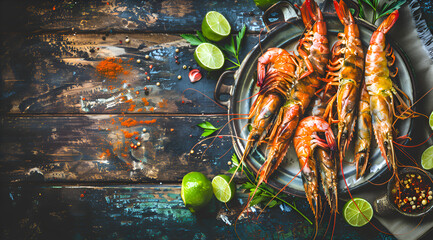 A plate of shrimp and lime is on a table. The plate is placed on a wooden table with a colorful background. Generative AI - Powered by Adobe