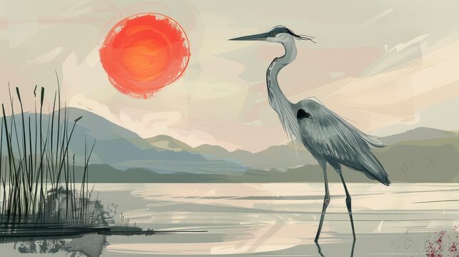 A heron standing on near water with mountains in the background.