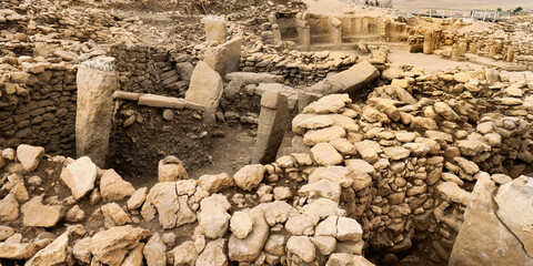 Neolithic archaeological site of Karahan Tepe, Circular stone structure with T Shape pillars,...