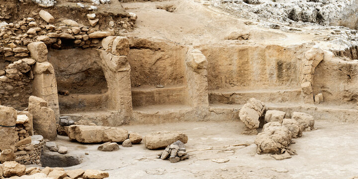 Neolithic archaeological site of Karahan Tepe, Circular stone structure with T Shape pillars, Sanliurfa, Turkey
