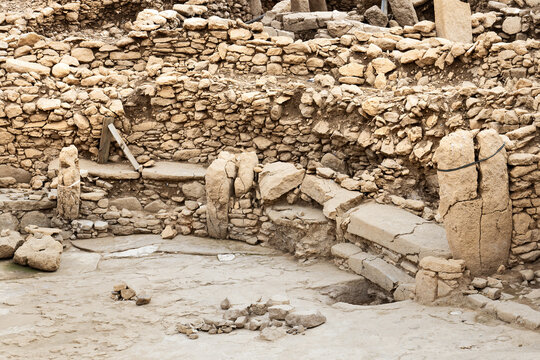 Neolithic archaeological site of Karahan Tepe, Circular stone structure with T Shape pillars, Sanliurfa, Turkey