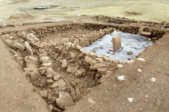 Neolithic archaeological site of Karahan Tepe, Circular stone structure with T Shape pillars, Sanliurfa, Turkey