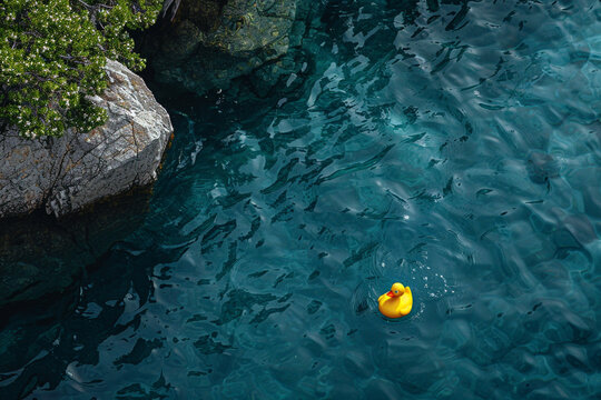 A lone rubber duck drifting lazily in the shimmering pool, its bright yellow hue contrasting with the deep blue water.