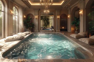 A luxurious indoor pool nestled within a spacious room, its shimmering waters reflecting the elegant chandeliers above.