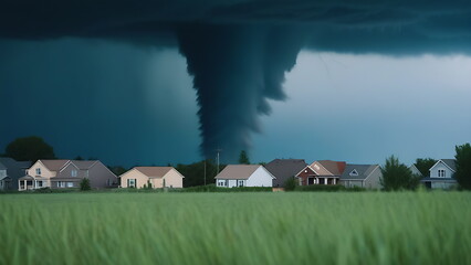 A small town with a tornado in the background on a summer day