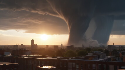 2 tornadoes in the city against the backdrop of sunset
