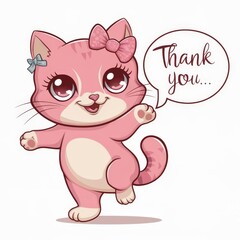 An adorable pink kitten with a bow and big eyes waves happily while saying "Thank you" in a speech bubble. A perfect image for expressing appreciation and gratitude.