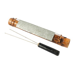 Satong srek is a traditional Indonesian musical instrument made from bamboo and one side of it is given a zinc plate which when rubbed or hit will make a unique sound