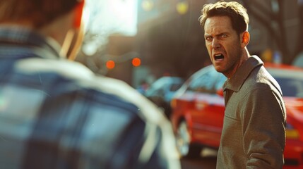 Intense Road Rage Confrontation in City, intense moment of road rage captured in an urban setting,...