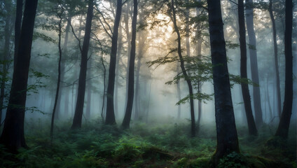 an enchanting scene of a mystical fog-filled forest landscape, where magic seems to linger in the air.