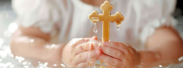 Baptism of a child cross in hands. Selective focus.