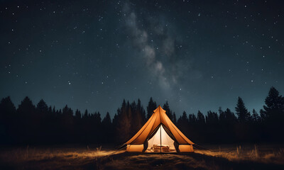 a tent is lit up at night under a starry sky