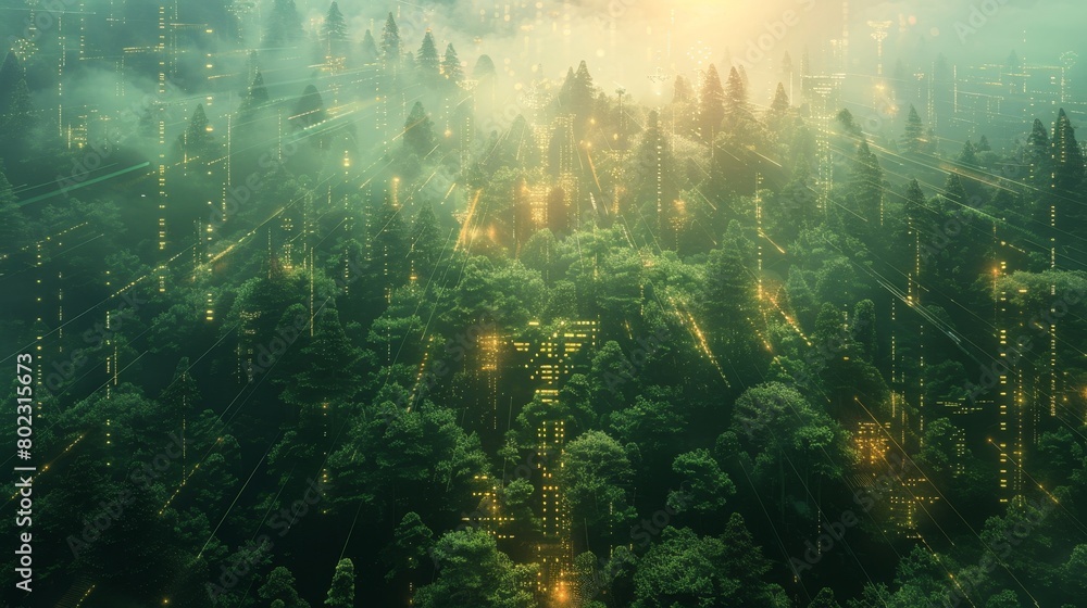 Poster misty forest with ethereal lines resembling floating from trees