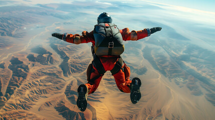 A skydiver wearing an jumpsuit is jumping from the edge of a glowing red rock cliff overlooking a vast canyon, sunny day, travel, extreme activity