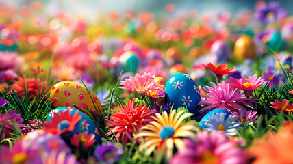 Easter eggs and flowers in the garden. Selective focus.