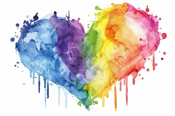 Clipart watercolor illustration of a heart filled with the rainbow spectrum featuring a soft