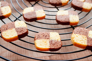 10歳の子供と焼いた焼きたて手作りクッキー。アーモンドとココア味のアイスボックスクッキー