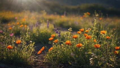 red poppies and other flowers bloom between the paths in a sunlit meadow - Powered by Adobe