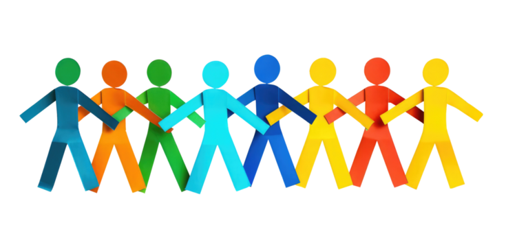 teamwork, colored paper people over transparent background
