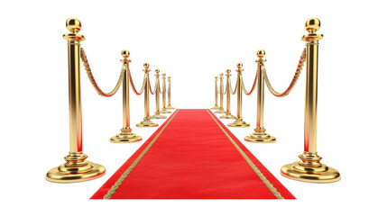 Red carpet and golden barriers on transparent. VIP event, luxury celebration. Celebrity party entrance. Grand opening. Cinema premiere