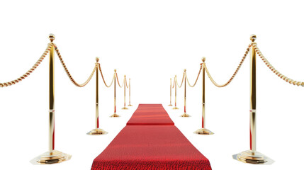 Red carpet and golden barriers on transparent. VIP event, luxury celebration. Celebrity party entrance. Grand opening. Cinema premiere
