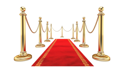 Red carpet and golden barriers on transparent. VIP event, luxury celebration. Celebrity party entrance. Grand opening. Cinema premiere