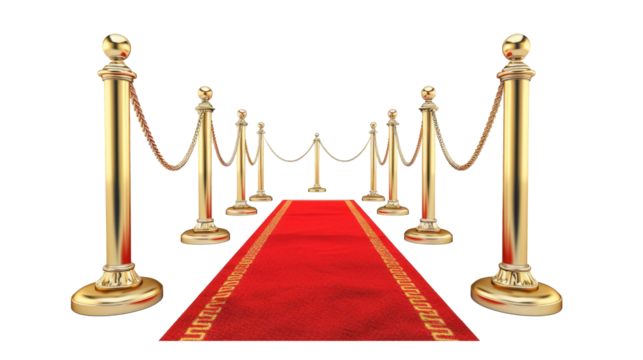 Red carpet and golden barriers on transparent. VIP event, luxury celebration. Celebrity party entrance. Grand opening. Cinema premiere