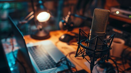 podcast home studio with microphone boom arm and audio recording professional mixer on desk