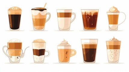 Hot and cold coffee beverage Different types of drinks set Espresso, americano cup, cappuccino and latte in paper mug, iced macchiato in glass Flat vector illustrations isolated on white background