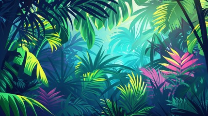 Fototapeta na wymiar Horizontal landscape of tropical jungle Panoramic view of dense forest with palms and lianas Exotic colorful scenery of green rainforest with foliage plants Colored flat vector illustration