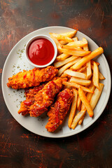 French fries and chicken strips. Selective focus.