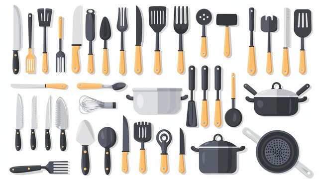 Kitchenware set Kitchen utensils, tools, equipment and cutlery for cooking Cook appliances and accessories collection Flat vector illustrations of cookware objects isolated on white background