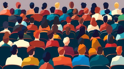 Rear view of academic auditorium, fan audience, people s crowd Set of spectators backs Backside of characters sitting and standing Colored flat graphic vector illustration isolated on white