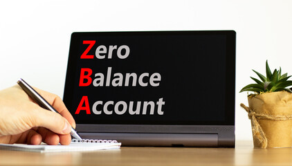ZBA zero balance account symbol. Concept words ZBA zero balance account on beautiful black tablet....