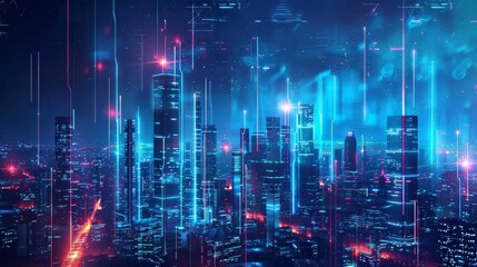 Fototapeta premium cityscape with space and neon light effect. Modern hi-tech, science, futuristic technology concept. Abstract digital high tech city design for banner background