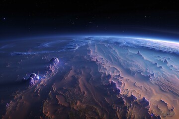 View of the planet Earth from space during a sunrise,   rendering