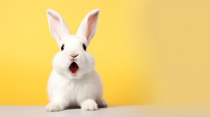 Fototapeta premium cute animal pet rabbit or bunny white color smiling and laughing isolated with copy space for easter background, rabbit, animal, pet, cute, fur, ear, mammal, background, celebration