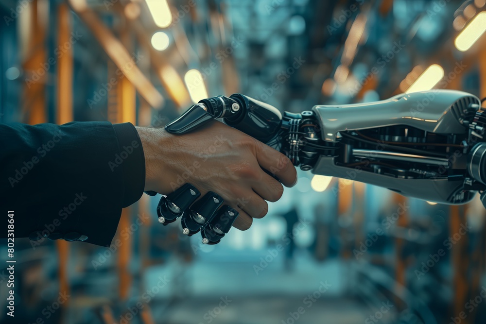 Poster future technology and business partnership handshake concept with robotic elements