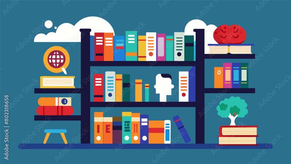 Poster an illustration of a library with shelves filled with books labeled with different language skills s