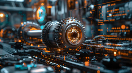A futuristic and hightech industrial scene with gears