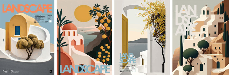 Naklejka premium Stunning collection of nature and resort-themed illustrations, capturing serene landscapes with architectural elements in warm, inviting colors